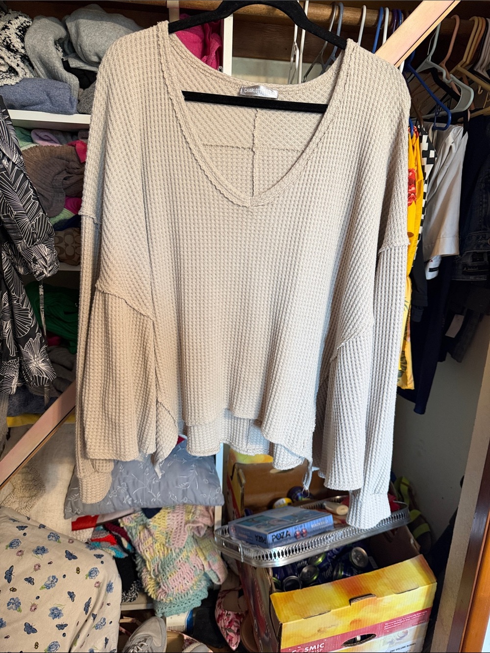 Lightweight Waffle V-Neck Crop Top - Cream